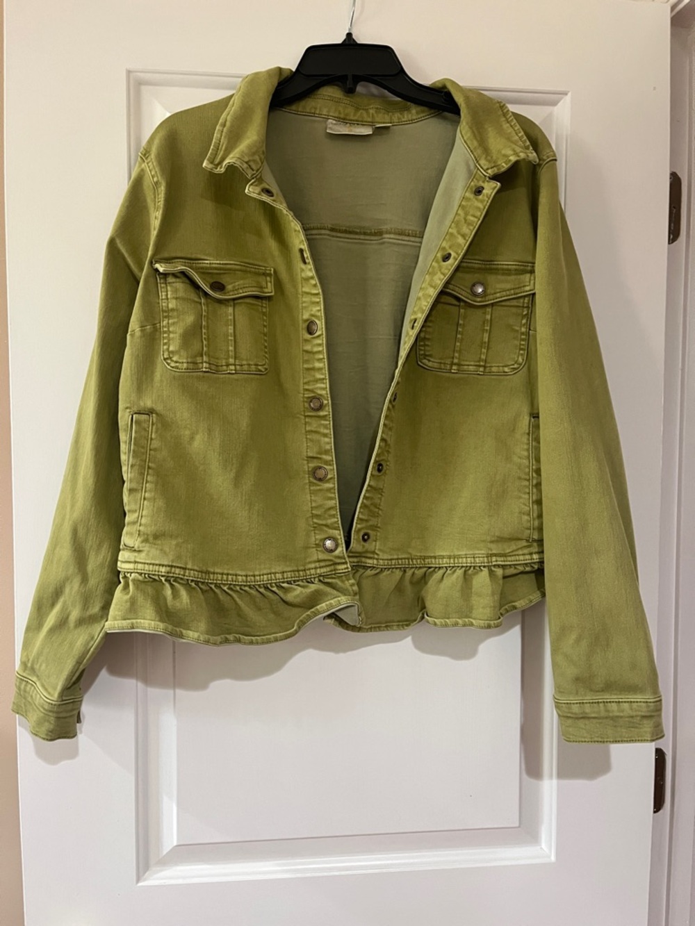 Belle by Kim Gravel Women's Jacket Sz L Vintage Style Ruffle Hem Green A654855